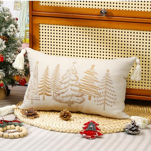 Lewondr Weihnachten Kissenbezug, Bäume Stickerei, Beige, 1 Stück | 30×50CM, Weiche Canvas mit Quaste, Luxus Kissenbezug, für Bett Schlafzimmer Wohnzimmer Couch