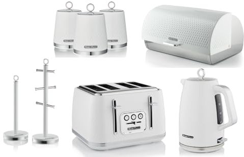 Swan Elegance White 1.7L Kettle, 4 Slice Toaster, Breadbin, Tea, Coffee, Sugar Canisters, Mug Tree and Towel Pole. Contemporary Matching Kitchen Set of 8 with a Premium Textured White Finish