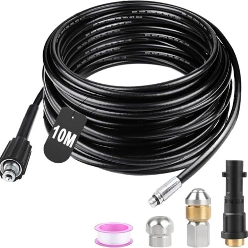 HEIBTENY Drain Cleaning Hose Set 10M High Pressure Water Pipe Cleaner with Rotating Nozzles for Clogged Drains Gutters 180 Bar Pressure Washer