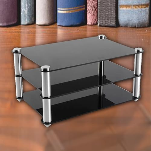 Kompakter HiFi-Medien-Aufbewahrungsschrank, transparentes AV-Tower-Rack für Plattenspieler, Verstärker und Lautsprecher, stilvoller Audio-Video-Ständer (schwarz)