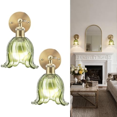 2 Stück Akku Wandleuchte Innen, Wandlampe Vintage 180° Drehbare mit Fernbedienung, 3 Farbtemperaturen, Vintage Metall Wandlampe mit Glas Lampenschirm für Wohnzimmer, Schlafzimmer, Flur,(Hellgrün)