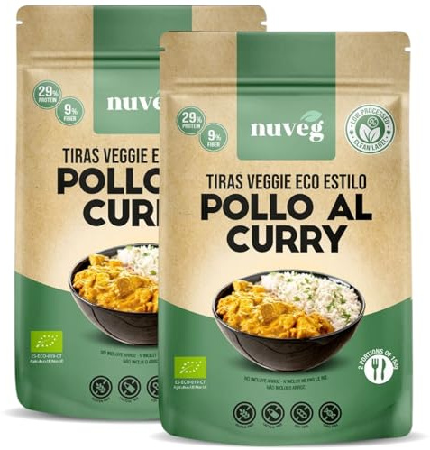 NUVEG Tiras Vegan Estilo Pollo al Curry, Comida Preparada Veggie Bio sin Gluten y Sin Lactosa, Alto en Proteína Vegetal, Fácil y Rápida, Pack 2, 330g