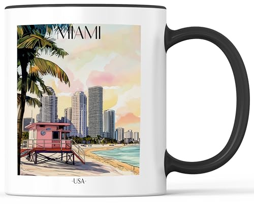 favplace Tasse mit Städtemotiv Miami Beach Florida USA Kaffeebecher - Geschenkidee bzw. Geschenk für Fernweh oder Heimat - Reise Kaffeetasse 330ml Schwarz