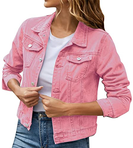 Générique Veste En Jean Femme Couleur Unie Boutonnée Grande Taille, Blouson En Denim À Manches Longues Avec Poches, Demi-SaisonManteau Vintage Ample Extensible, S-XXL