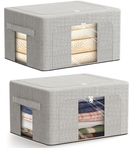 AIOR 2PCS 24L Clothes Storage Bags with Metal Frame, Foldable Fabric Storage Boxes with Clear Windows for Blankets Bedding Comforters, Ideal for Underbed and Wardrobe Organisation