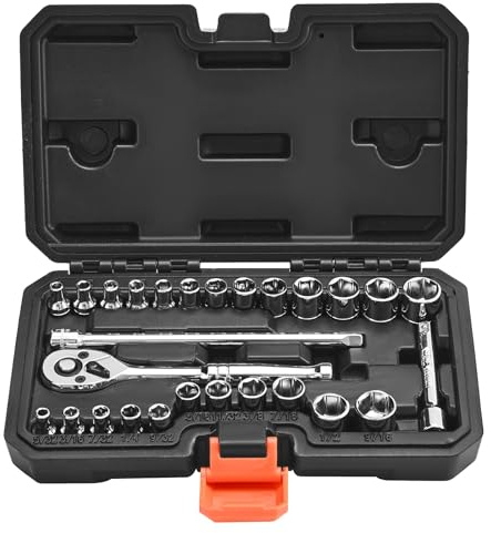 VEVOR Jeu de Douilles SAE et Métriques, Kit d'Outils de Mécanicien 27PCs, avec Clé à Cliquet à Entraînement 6,35 mm, Rallonge et Étui de Rangement, en Acier Allié CR-V, pour Réparation Automobile