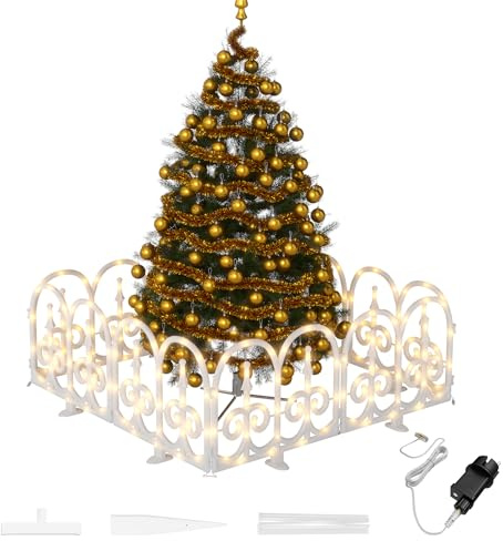 FIVMEN 8X Weihnachtsbaum Zaun Weiß mit LED Mini Gartenzaun Beleuchtet Kunststoff Lattenzaun Zaun Weinachtsdeko Gartendekor Weihnachtsbeleuchtung für drinnen und draußen, Gewölbt