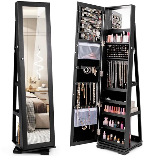 Multigot 3-in-1 Jewellery Cabinet, Free Standing Jewellery Armoire with Full Length Mirror and Display Shelf, Lockable Cosmetic Storage Organizer for Earring Ring Necklace (360° Swivel Black)