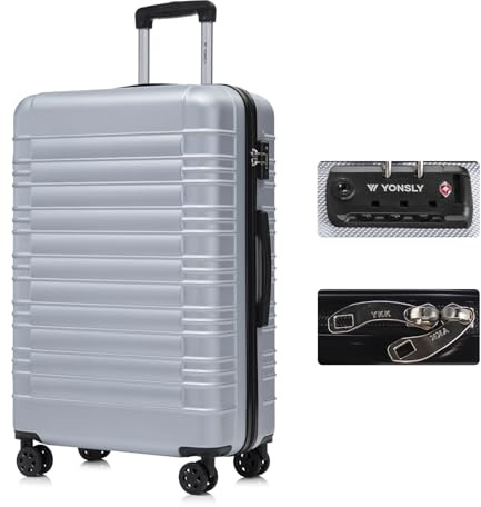 YONSLY Premium Reisekoffer TSA-Schloss,YKK-Reißverschluss Hartschalen-Koffer Trolley Kabinenkoffer Rollkoffer Suitcase Handgepäck 4 Rollen (Silber, XL)