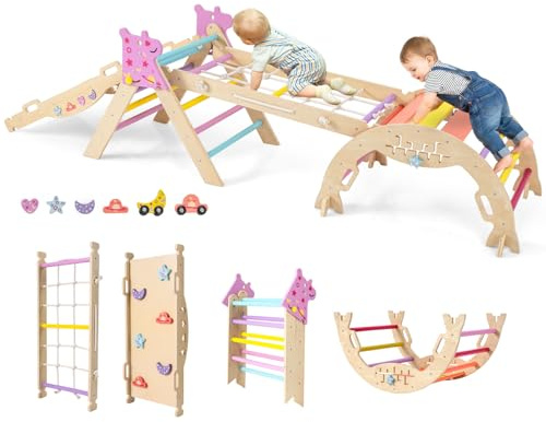 HOMASIS 4 en 1 Triángulo de Escalada Montessori, Estructura para Escalar con Arco, Rampa, Cuerda y Escalera, Área de Juegos Educativa para Niños a Partir de 3 Años. (Colorido)