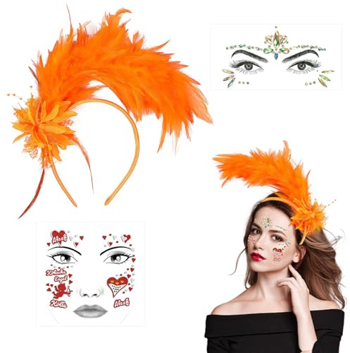 Feder Haarschmuck Haarreif Gesichtsaufkleber Augenaufkleber,1920er Fascinator Kopfschmuck für Damen, Feder 20er Jahre Stirnband mit Künstlichen Blumen für Karneval Cocktail Hochzeit Tee-Party (Orange)