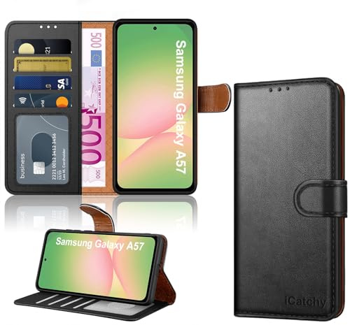 iCatchy for Samsung Galaxy A57 5G Phone Case, Leather Wallet Flip Cover with 4 Card Slots, Magnetic Closure, Kickstand, RFID Blocking Folio Case (Black)