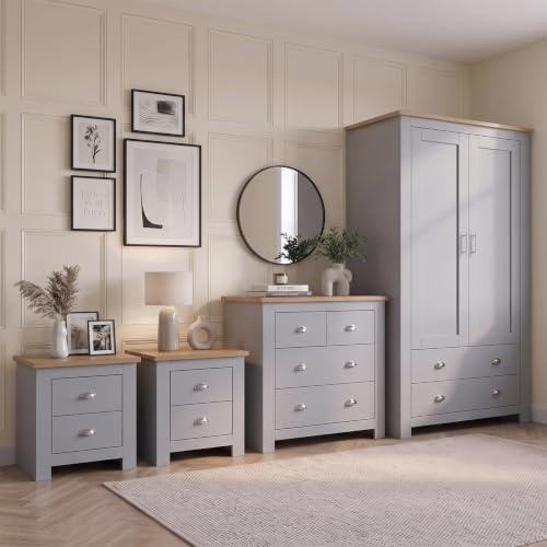 Blisswood Bedroom Furniture Sets with 2 Door Wardrobe & 2+2 Drawer Chest of Drawers + 2 Drawer 2 Bedside Table Bedroom Set for 4 Piece Bedroom Storage furniture (Grey & Oak)