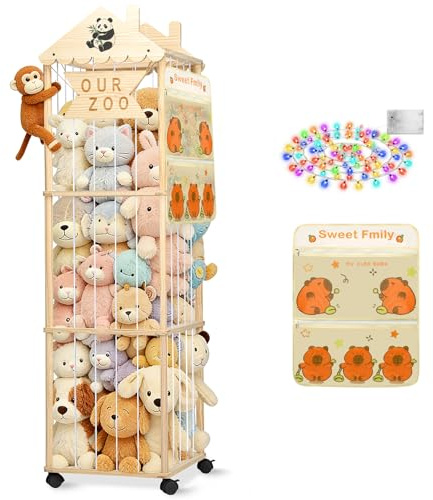 Stuffed Animal Storage Tower, Extra Large Stuffed Animal Organizer with Wheels, Wooden Tall Animal Zoo Display, Plushies Toy Holder with Lights and Pockets for Nursery, Playroom, Kids Bedroom