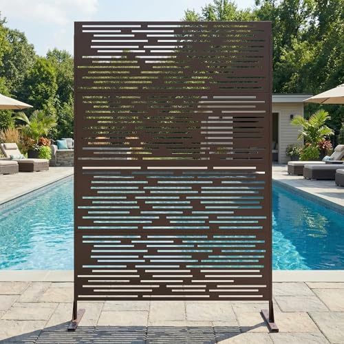 Sichtschutz Metall, Freistehender Paravent 180x120 cm, Wetterfester Sichtschutz Für Garten Terrasse Balkon Outdoor Deko, Raumteiler Mit Ständer, Verzinkter Stahl, Streifen Braun