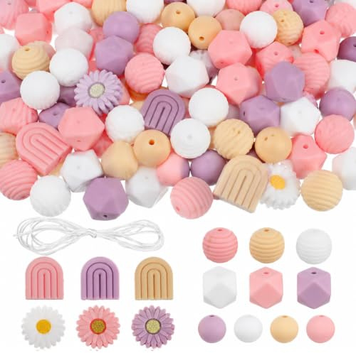 Cobee 112 Stück Blumenförmige Silikonperlen Set, Rund Lose Bastelperlen | 4 Farben mit Nylonseil Blumenperlen Gänseblümchen Silikonperlen für DIY Schlüsselanhänge Armbänder Schmuckherstellung (Rosa)