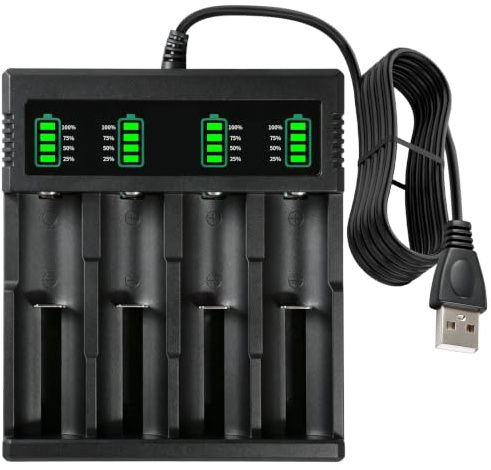 Cargador 18650 Universal 4 Ranuras Carga de Batería para 3.7V Li-Ion 26650 | 18350 14500 16340 17500 17670 18500 21700 Pilas Inteligente Rápido Cargador Recargables con Cable USB