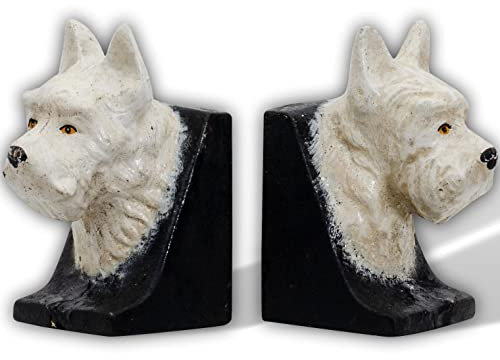 2 Buchstützen Buchständer Scottish Terrier Hund Kopf Figur Eisen 13cm Antik-Stil