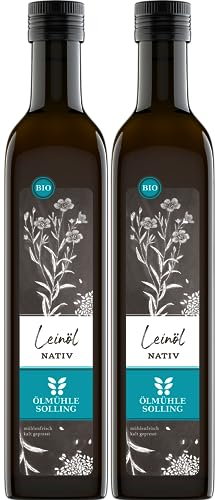 ÖLMÜHLE SOLLING - BIO Leinöl , Täglich mühlenfrisch kaltgepresstes Öl aus Leinsamen. Leinöl mit mildem und nussigem Geschmack. Reich an Omega-3-Fettsäuren , Inhalt: 2x500 ml