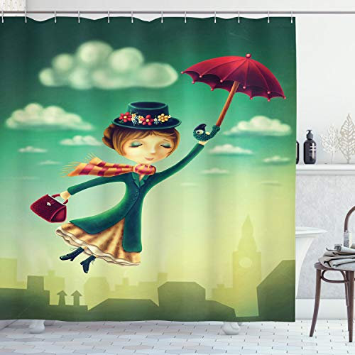ABAKUHAUS Fantasie Duschvorhang, Märchen Nanny London, Stoffliches Gewebe Badezimmerdekorationsset mit Haken, 175 x 200 cm, Grün Kastanienbraun
