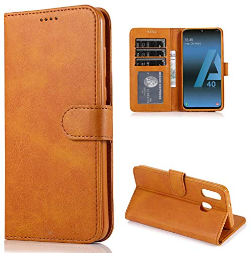 CTIUYA Schutzhülle für Samsung Galaxy A40, Hülle Handyhülle Leder Klapphülle Handytasche Flip Brieftasche Schutzhülle Magnet Wallet Case Tasche Lederhülle für Samsung Galaxy A40,Hellbraun