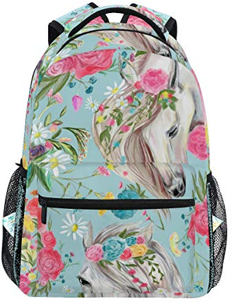 Pferd und Blume Schulrucksack für Jungen Mädchen Kinder Reisetasche Bookbag