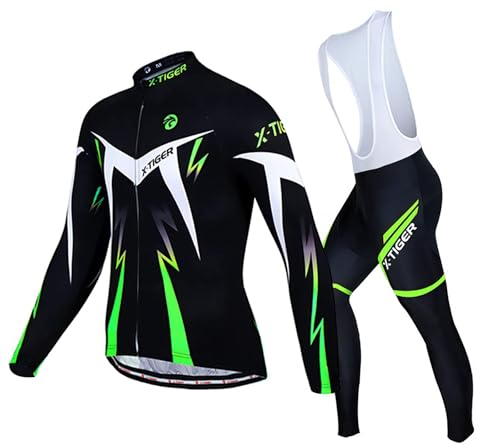 X-TIGER Herren Langarm Radtrikot Set Winter Radsportanzüge mit 5D Gel Gepolsterten Trägerhosen