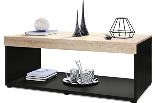 Vladon Couchtisch Pure, Made in Germany, Wohnzimmertisch in Kastenform, Schwarz matt/Eiche Sägegrau (104 x 40,5 x 58 cm)