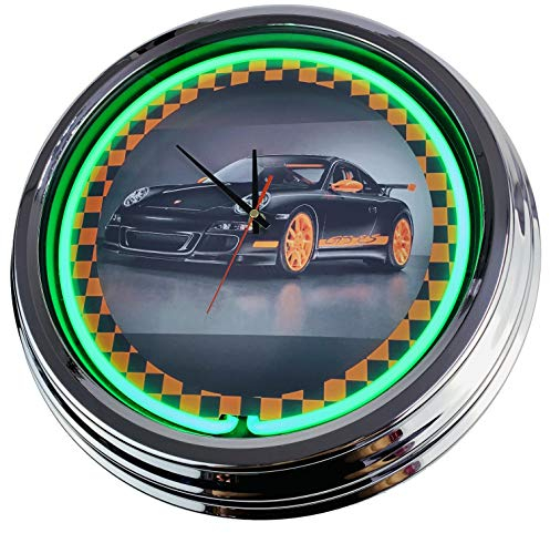 US-Way.de Sportwagen GT3 WallClock Deko-Clock – 44 cm Durchmesser, Deko-Wanduhr ohne Tickgeräusche und gut lesbares Display, USA 50er-Jahre-Stil Neon-Uhr für Küche, Büro (Grun)