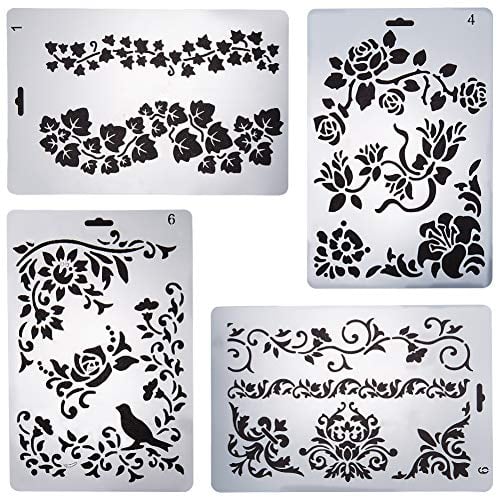 GORGECRAFT 4pcs Plastikzeichnung Malerei Schablonen Vorlagen Blumen Pflanzen Grafiken Schablone DIY Papier Malschablone Schablone Bordüre Textilgestaltung für Scrapbooking Tagebuch Dekoration, Weiß
