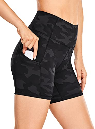 CRZ YOGA Damen Sport Radlerhose Blickdichte High Waist Biker Shorts Running Kurze Leggings mit Tasche - Naked Feeling Light - 15cm Dunkelgraue Tarnung 38
