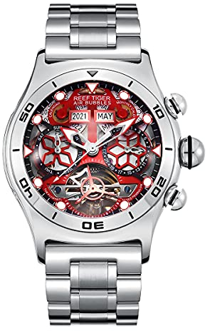 REEF TIGER Sportuhr für Herren Skelett Automatik Uhr Leuchtendes Stahlarmband Uhren RGA703, Rga703-yry, Armband