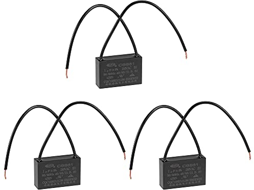 sourcing map Deckenventilator-Kondensator CBB61 1uF 250V AC 2 Drähte metallisierter Polypropylen-Film-Kondensator 36x23x12mm für Elektro-Lüfter-Pumpen-Motor-Generator 3Stk.