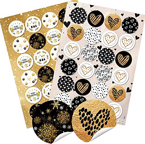 Logbuch-Verlag weihnachtliches Aufkleber Set - 24 Weihnachtsaufkleber MERRY CHRISTMAS + 24 Herz Sticker gold schwarz weiß