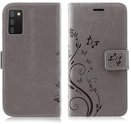 Hülle Kompatibel mit Samsung Galaxy A03s | Premium PU Leder Handyhülle Wallet Case für Galaxy A03s | Schutzhülle Blumen Klapphülle Handyhülle | Grau