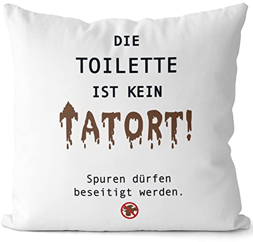 JUNIWORDS Kissen, Die Toilette ist kein Tatort! Spuren dürfen beseitigt Werden, 40 x 40 cm, 2-farbig, Weiß-Schwarz