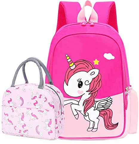 POWOFUN Bambini asilo prescolare viaggio unicorno zaino carino cartone animato zaino adatto A4 con borsa per il pranzo, Unicorno rosa più grande