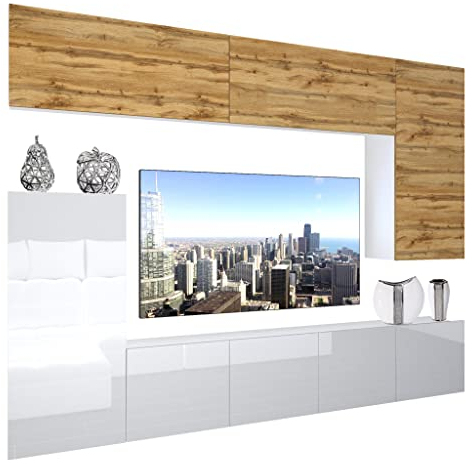 BELINI Wohnwand Vollausstattung Wohnzimmer-Set Moderne Schrankwand mit LED-Beleuchtung Anbauwand TV-Schrank Eiche Wotan/Weiß