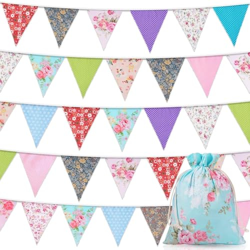 Alintor 46 Flags 45.9ft Fabric Bunting + Drawstring Bag, Ve Day Bunting, Vintage Birthday Bunting, Floral Bunting, Bunting Flags for Garden, Party, Outdoor, Afternoon Tea, Easter Decorations