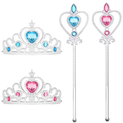 Diademe Princesse Enfant et Baguette 2 Ensembles Rose et Bleu, Couronne Fille et Baguette pour Filles Costume Diademe Enfant en Plastique pour Carnaval Enfants Fête d'anniversaire et Halloween