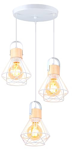 iDEGU 3-flammig Pendelleuchte Industrielle Hängelampe aus Holz und Metall Vintage Lampe mit 16cm Geometrischem Käfig Weiß E27 Retro Hängeleuchte für Esszimmer Wohnzimmer Küche (3-flammig, Rondell)