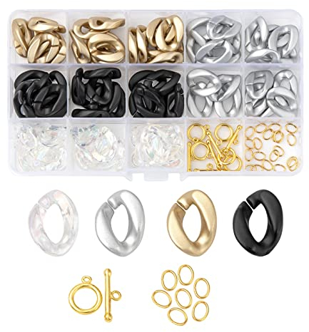 Spritewelry 80 Stück Acryl-Verbindungsringe, Schnellverbindungsverbinder mit 5 Sets Messing-Knebelverschlüssen und 20 Stück 304 Edelstahl-Binderinge