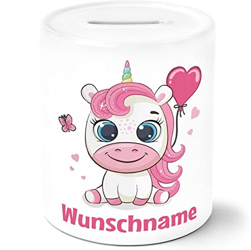 SpecialMe® Kinder Spardose mit Namen Einhorn Wunschname Herz Sparschwein Keramik personalisierte Geschenke Mädchen weiß Spardose
