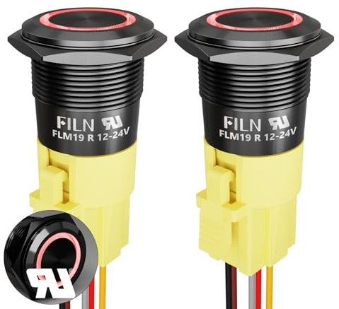 FILN 2pcs 19mm 12V Druckknopf Schalter Metall Momentan Wasserdicht NO-OFF Türklingel (Schwarz Eloxiert-Momentan-Rot)