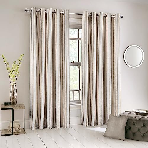 always4u Rideau 100% Occultant en Velours à Longues Rayures, Double Rideaux Isolation Thermique avec Oeillets, pour Salon Chambre Cuisine, Élégant,Beige 140x175cm Lot de 2