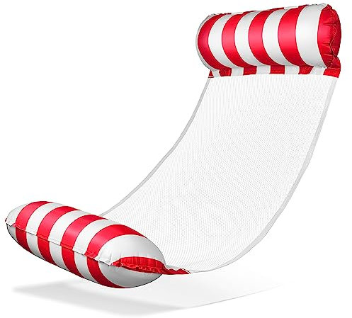 Balinco – Aufblasbare Wasserhängematte Luftmatratze mit 2 Luftkammern & Nylon Netz für Pool – Floatie Wassermatratze Relaxliege für Erwachsene & Kinder – Sommer Poolzubehör (Rot/Weiß)