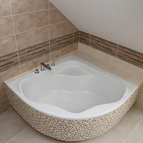 ECOLAM Badewanne SELMA 140x140 cm + Wannenträger zum Verfliesen | Eckwanne Eckbadewanne Acrylwanne Träger Styropor befliesbar | Ablaufgarnitur symmetrisch Acryl weiß Füße Silikon Set