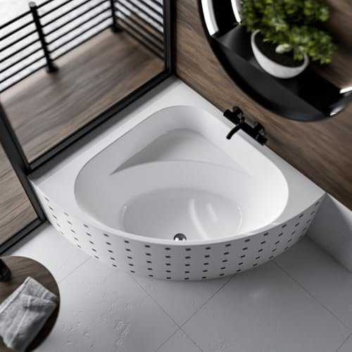 ECOLAM® Badewanne Eckwanne Eckbadewanne DINA 140 x 140 cm Acrylwanne symmetrisch Sanitäracryl weiß Ablaufgarnitur Ab- und Überlauf Automatik Füße Silikon Qualitätswanne