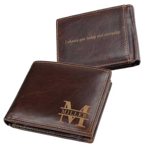 Herren-Geldbörse mit individueller Gravur, personalisierbar, Initialen, Namen, Text, Geldbörse für Herren, minimalistisch, zweifach gefaltet, echtes Leder, Geldbörsen für Vater, Opa, Ehemann, Freund,