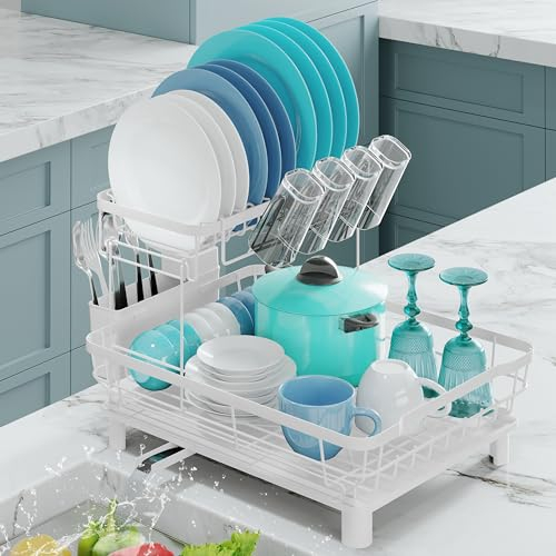 Marctani Escurreplatos sobre Fregadero Acero Inoxidable de 2 Pisos, Gran Capacidad con Bandeja ANTIGOTEO + Caño de Drenaje y Guarda Cubiertos - Escurridor de Platos Dish Rack Escurre Platos (Blanco)